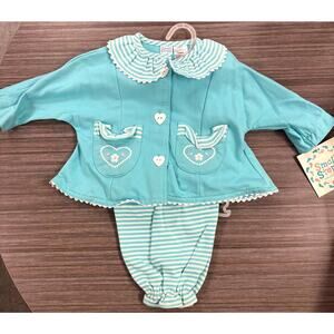 Vintage Small Steps Pants Set Girl Size 0-3M Teal White Floral Heart Embroidered